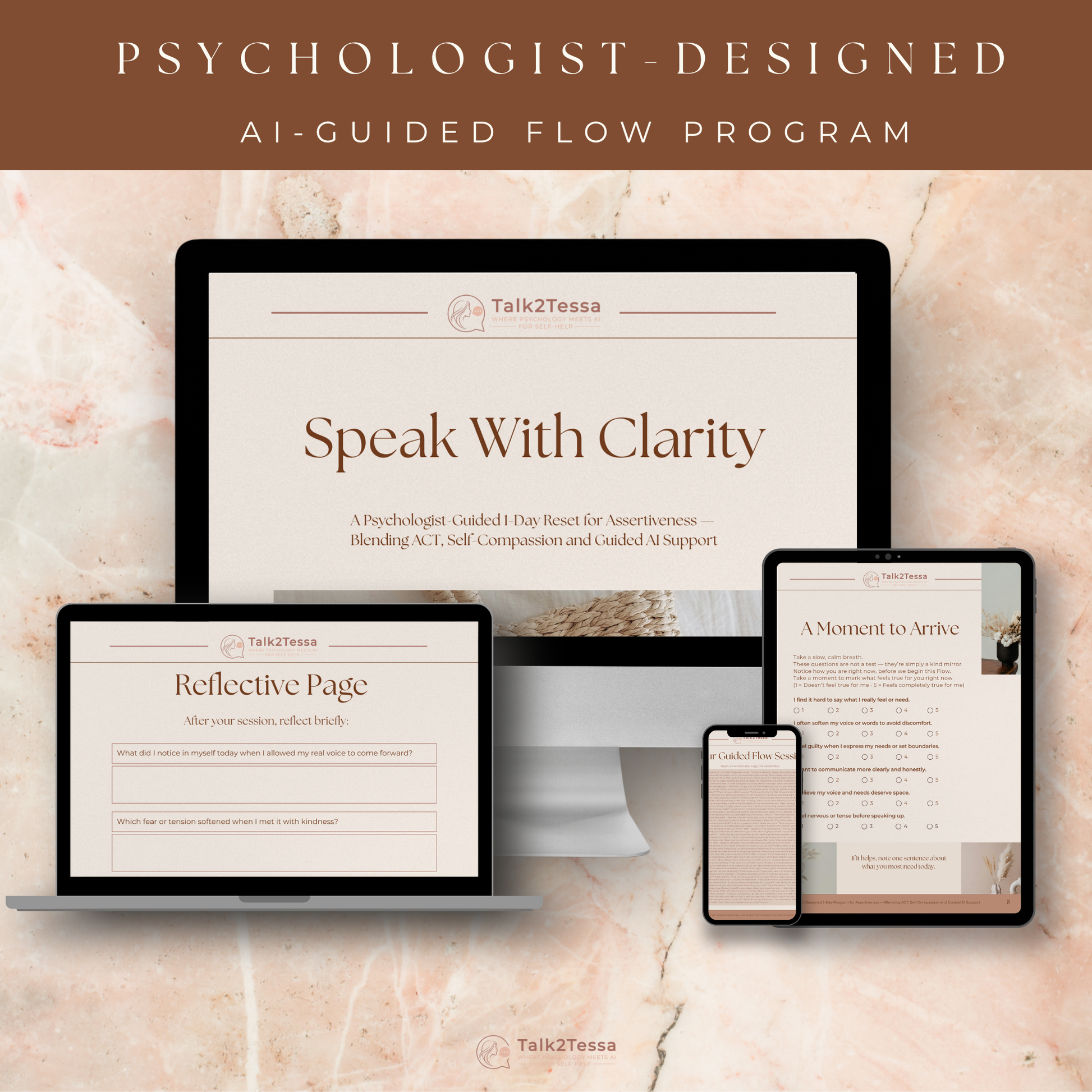 Multi-device mock-up of the Speak With Clarity 1-Day Assertiveness Program by Talk2Tessa, showing digital PDF workbook, ACT-based assertiveness training, confidence and communication skills, boundaries and self-expression tools, AI-guided coaching prompt flows, and psychologist-designed self-help content.