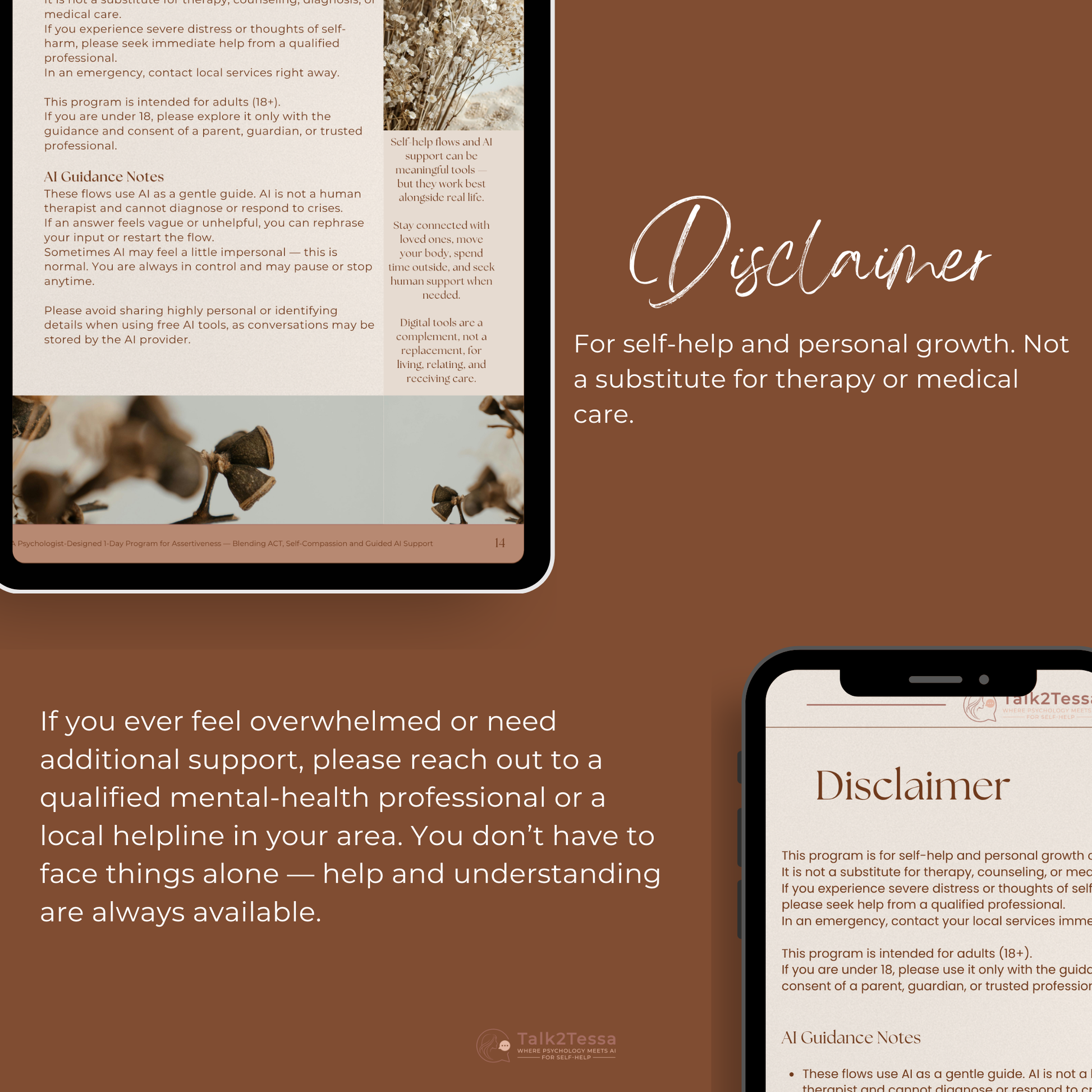 Disclaimer mock-up for the Speak With Clarity 1-Day Assertiveness Program by Talk2Tessa, psychologist-designed digital workbook with ACT-based assertiveness training, self-compassion tools, confidence and communication skills, AI-guided prompt flows, and safety notes for personal self-help use.