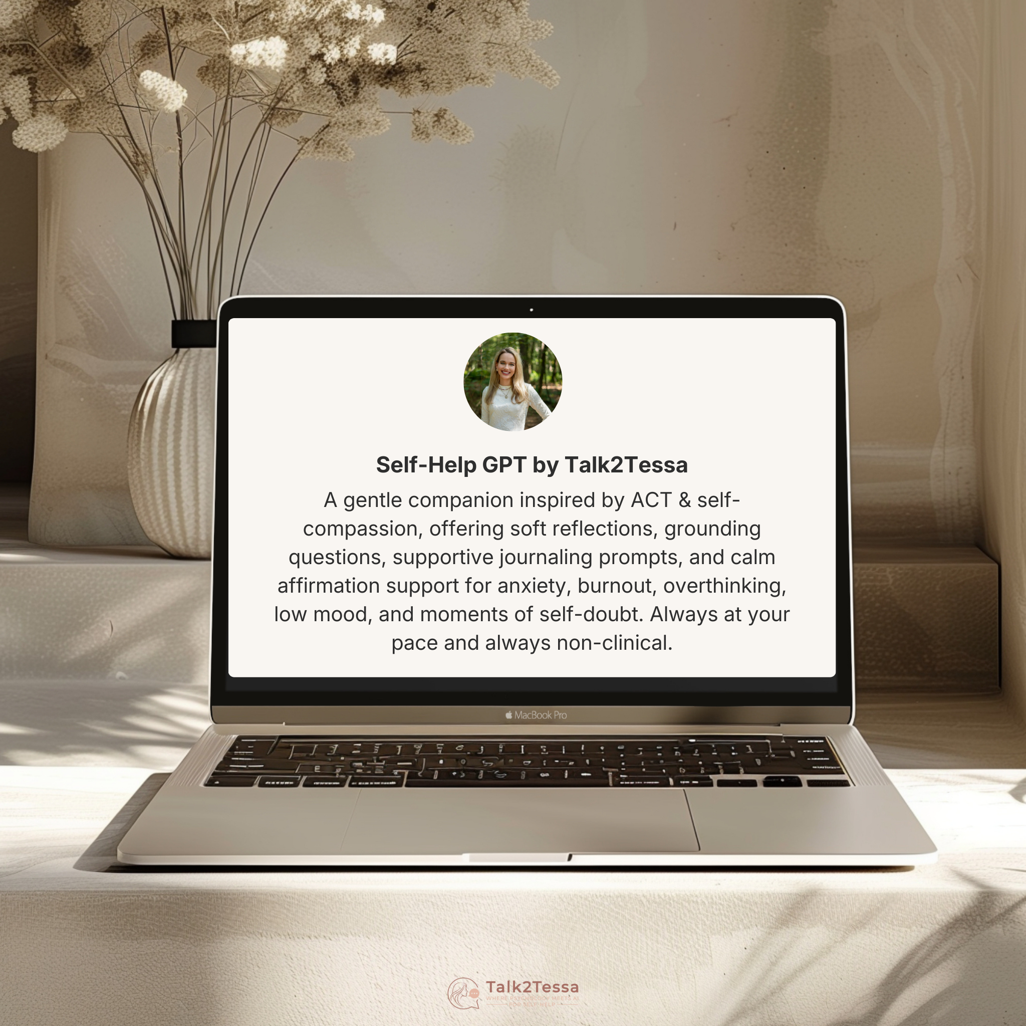 Mockup of the Talk2Tessa GPT inside the ChatGPT interface, highlighting its warm, psychologist-guided self-help experience grounded in ACT and self-compassion.slider_item_PGWWXG