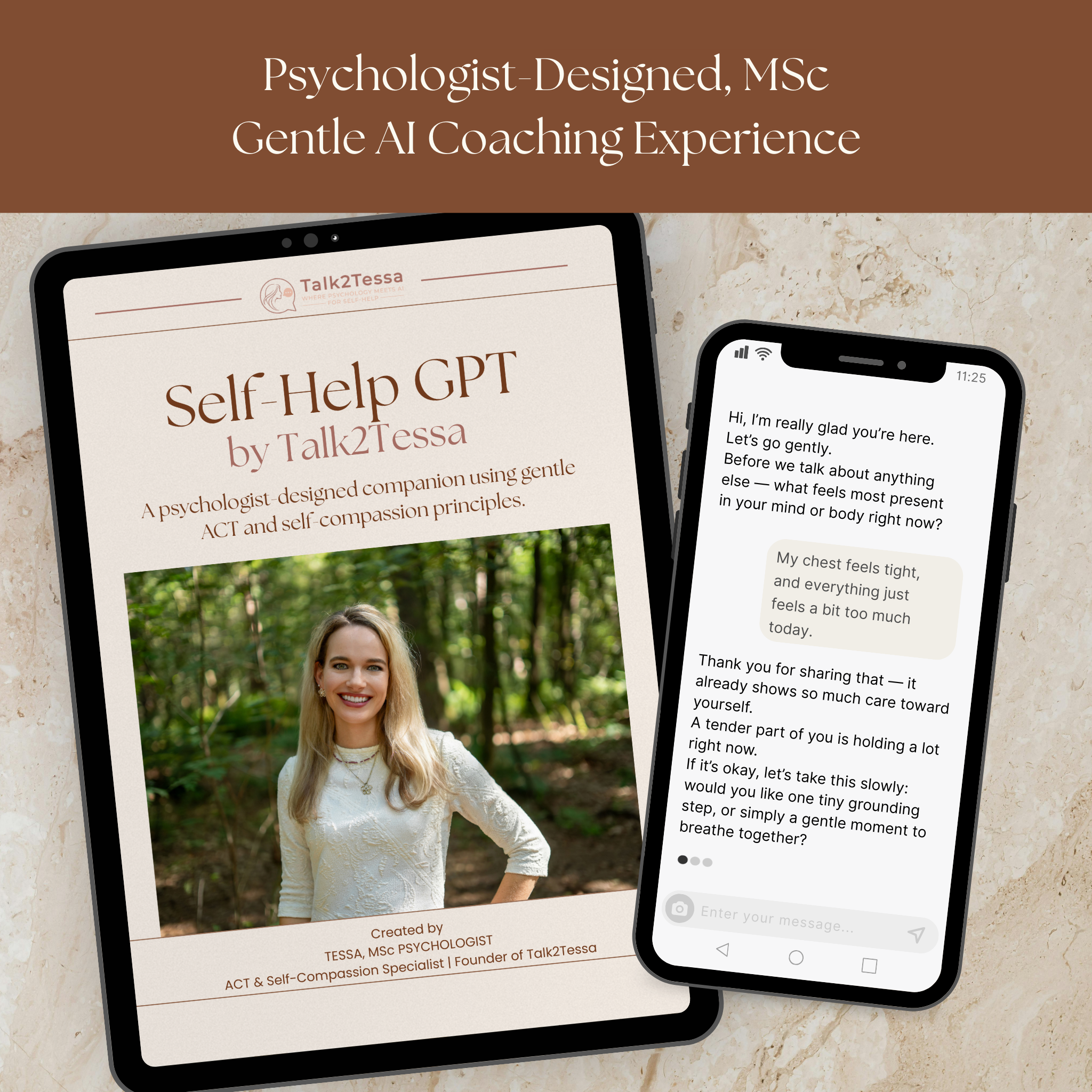 Mockup showing an example conversation with the Talk2Tessa GPT, presenting gentle ACT-inspired guidance and self-compassion reflections in a calm layout.slider_item_9emQEg